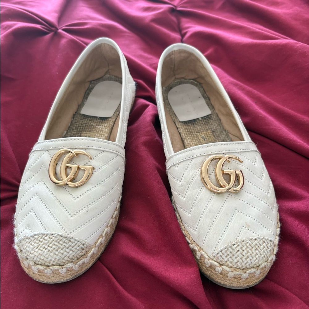 Gucci Cream Quilted Leather Espadrille Flats with Gold Double G